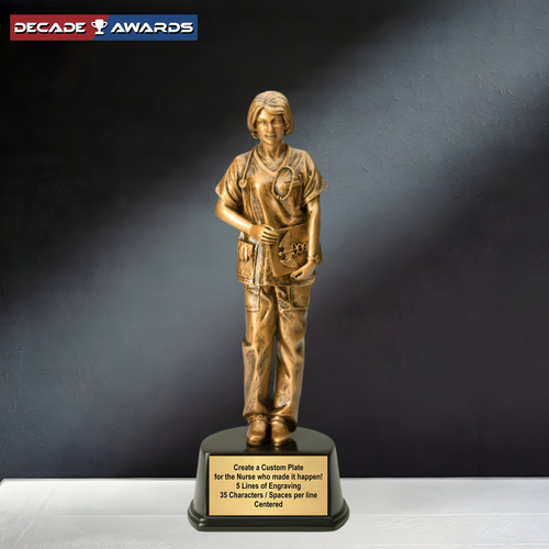 Personalized Nursing Trophy and Engraved Nurse Hero Recognition Award with gold finish and custom engraving by Decade Awards