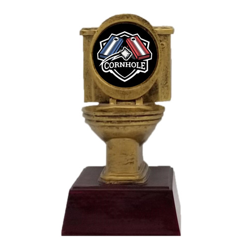 Gold Toilet Bowl Trophy, Cornhole | Engraved Golden Throne Last Place Shucker Award - 6 Inch Tall Decade Awards