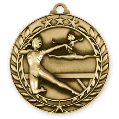 Gymnastics Wreath Medal - Gold | Engraved Gold Female Gymnastics Medallion - 2.75 Inch Wide Decade Awards