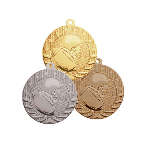 Football StarBrite Medal - Gold, Silver, Bronze | Engraved StarBrite Football Medallion - 2 Inch Wide Decade Awards