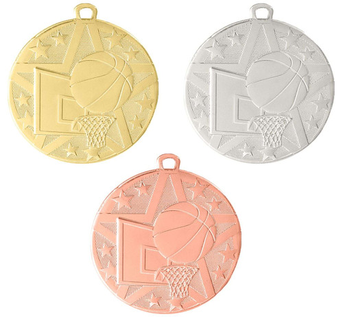 Basketball Superstar Medal - Gold, Silver, or Bronze | Engraved Superstar Basketball Medallion - 2 Inch Wide Decade Awards