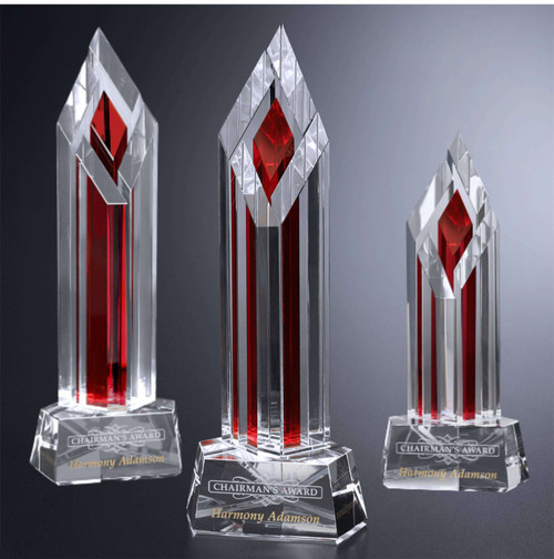 Halifax Ruby Crystal Trophy | Engraved Corporate Tower Award - 9", 11" or 13" Tall Decade Awards