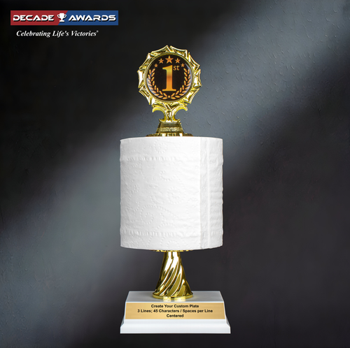 A 12-inch humorous toilet paper award designed for last-place winners. Custom engraving available from Decade Awards