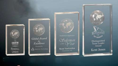 Global Crystal Rectangle Trophy | Engraved Etched Globe Crystal Award - 5