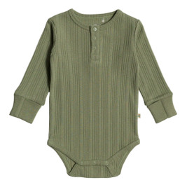 Woolbabe Organic Cotton/Merino Long Sleeve Henley Bodysuit - Flax Marl