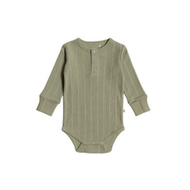Woolbabe Organic Cotton/Merino Long Sleeve Henley Bodysuit - Flax Marl