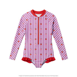 Nestling Neon Sleeved Girls Swimsuit - Striped Raspberries