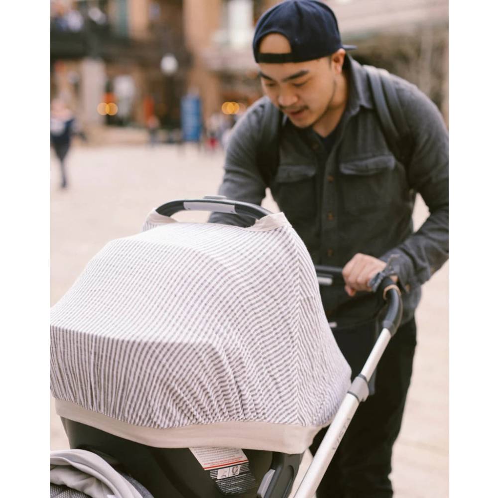 Muslin Car Seat Canopy V2 - Grey Stripe