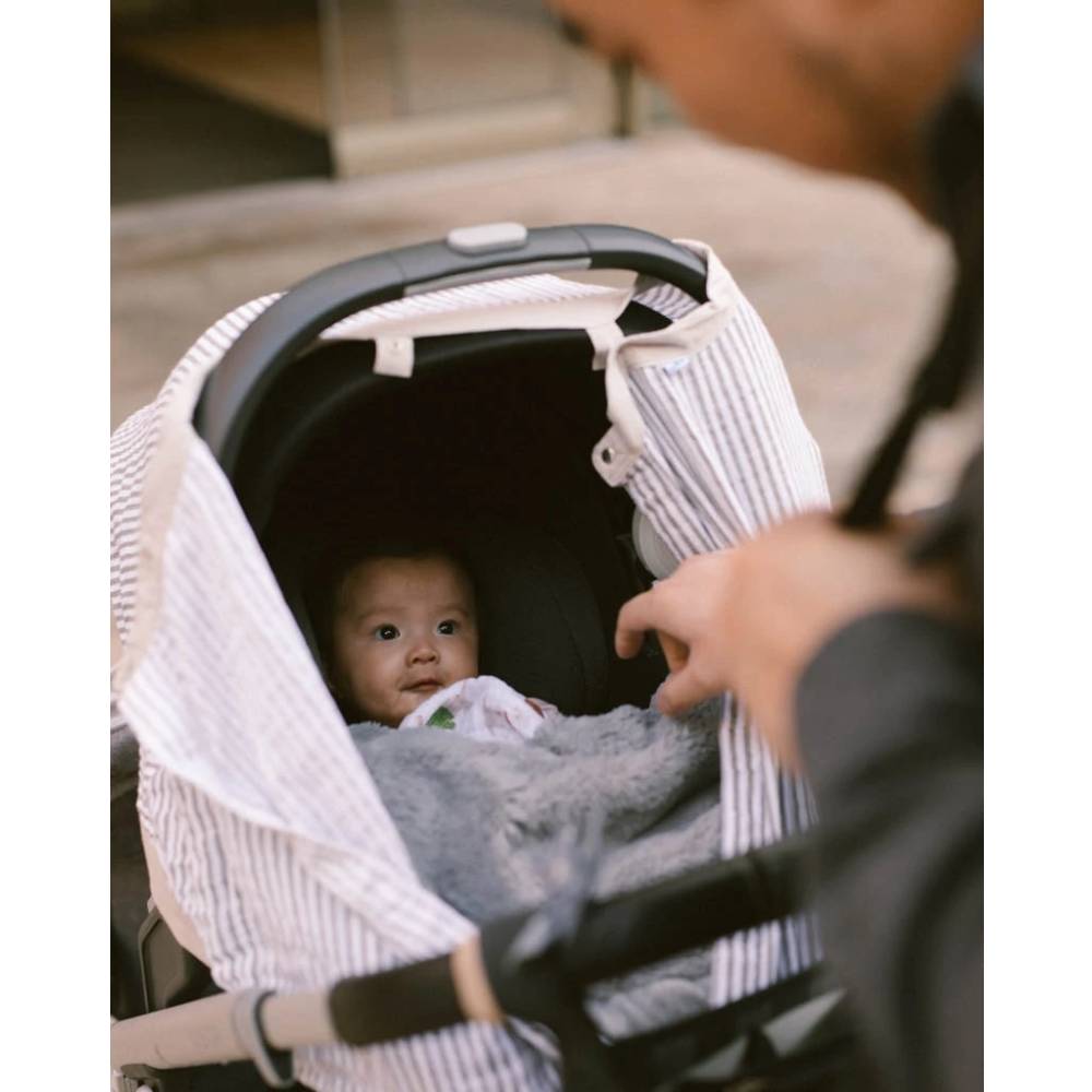 Muslin Car Seat Canopy V2 - Grey Stripe