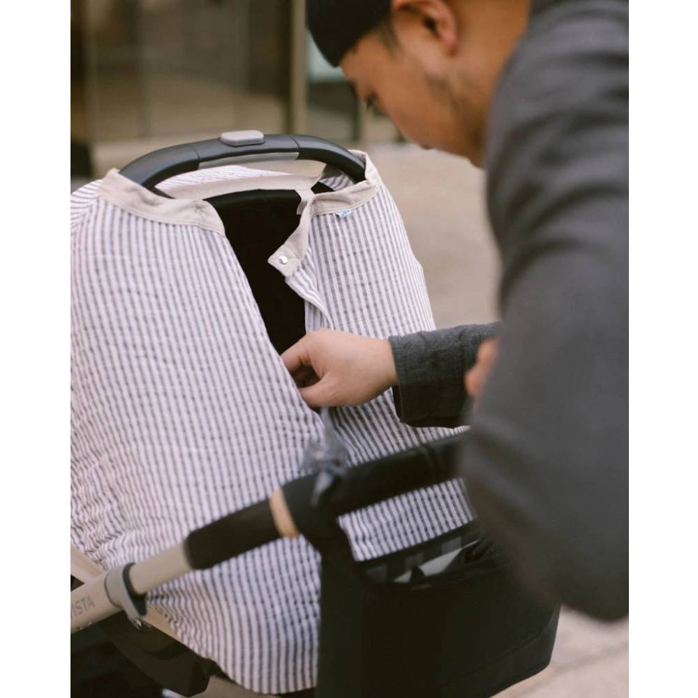 Muslin Car Seat Canopy V2 - Grey Stripe