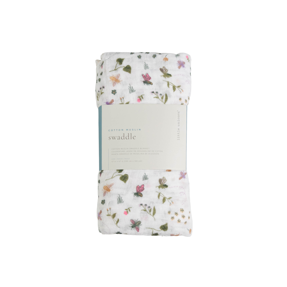 Single Cotton Muslin Swaddle - Garden Bees