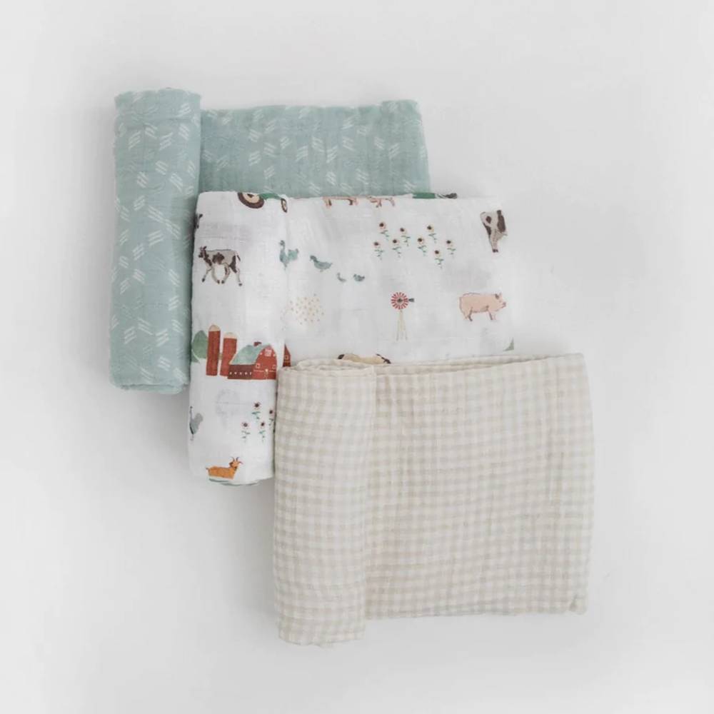 3pk Cotton Muslin Swaddle - Farmyard