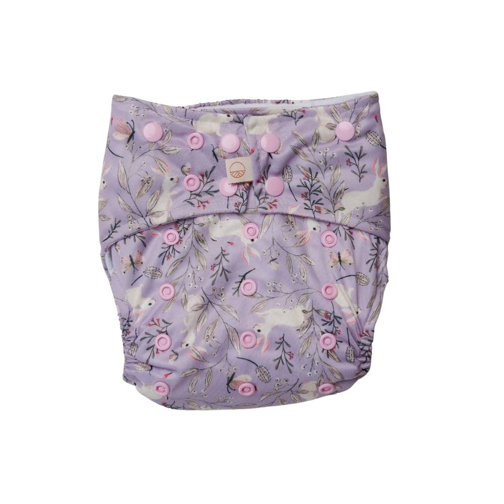 Nestling SNAP Nappy Cover - Lilac Bunnies