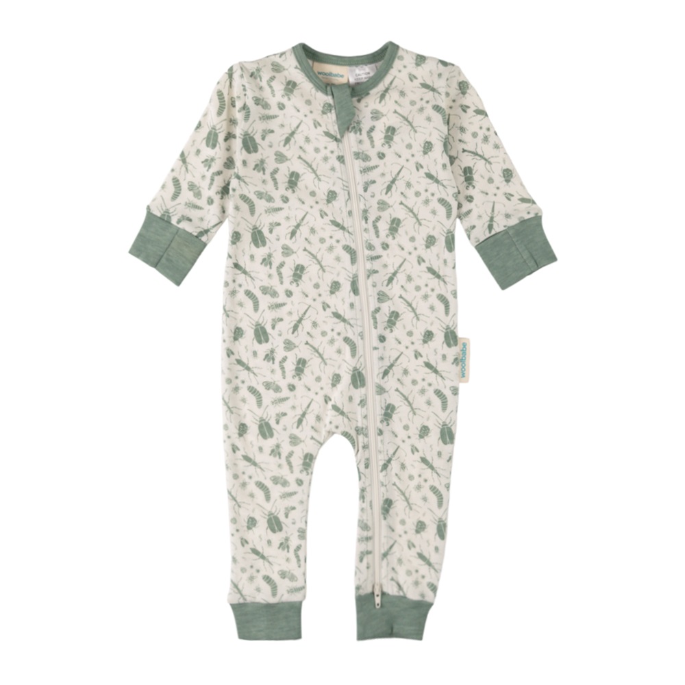 Woolbabe Merino/Organic Cotton PJ Suit - Sage Bugs