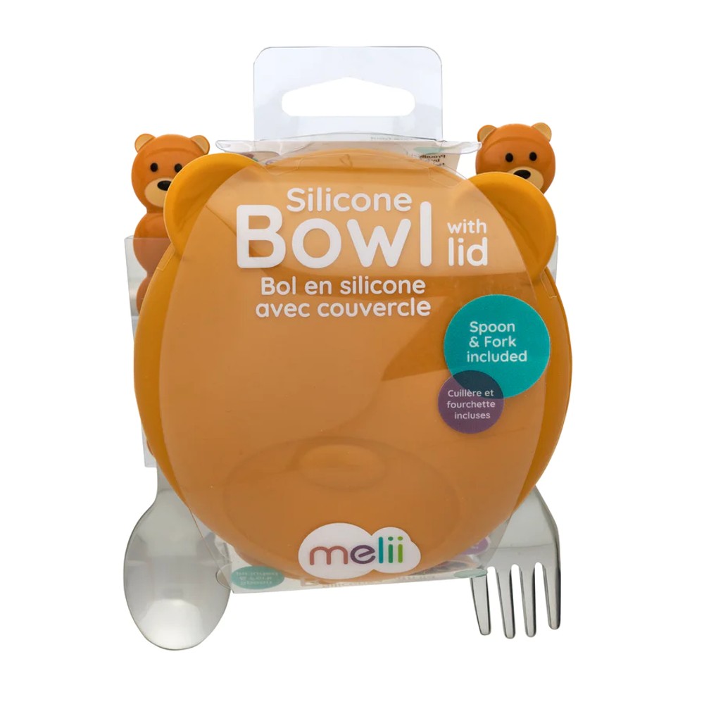 Melii Silicone Animal Bowl with Lid & Utensils - Bear