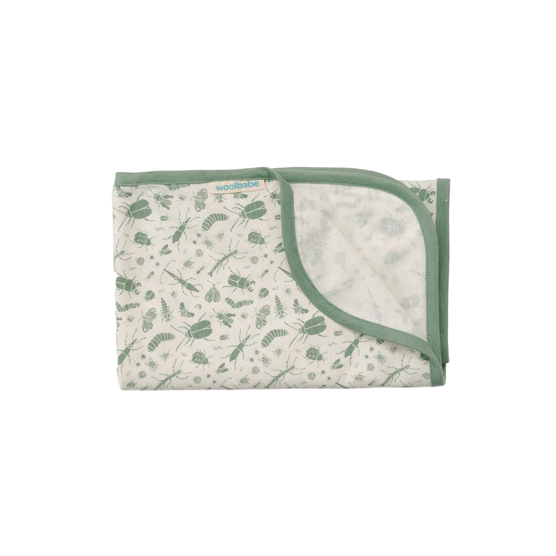 Woolbabe Merino/Organic Cotton Swaddle/Blanket - Sage Bugs