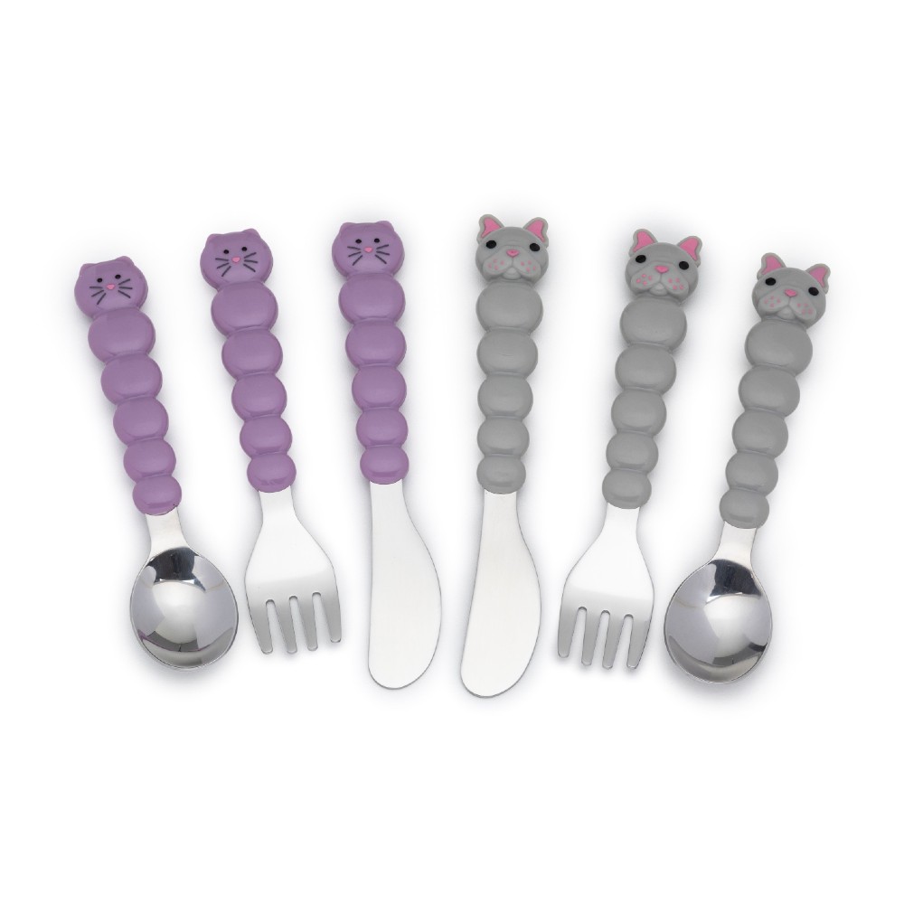 Melii Utensil Set Cat & Bulldog 6 PC - Purple + Grey