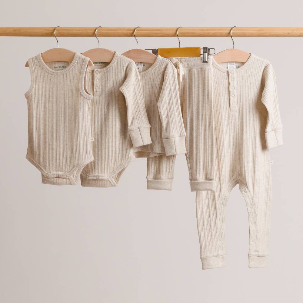 Woolbabe Organic Cotton/Merino Long Sleeve Henley Suit - Natural Marl