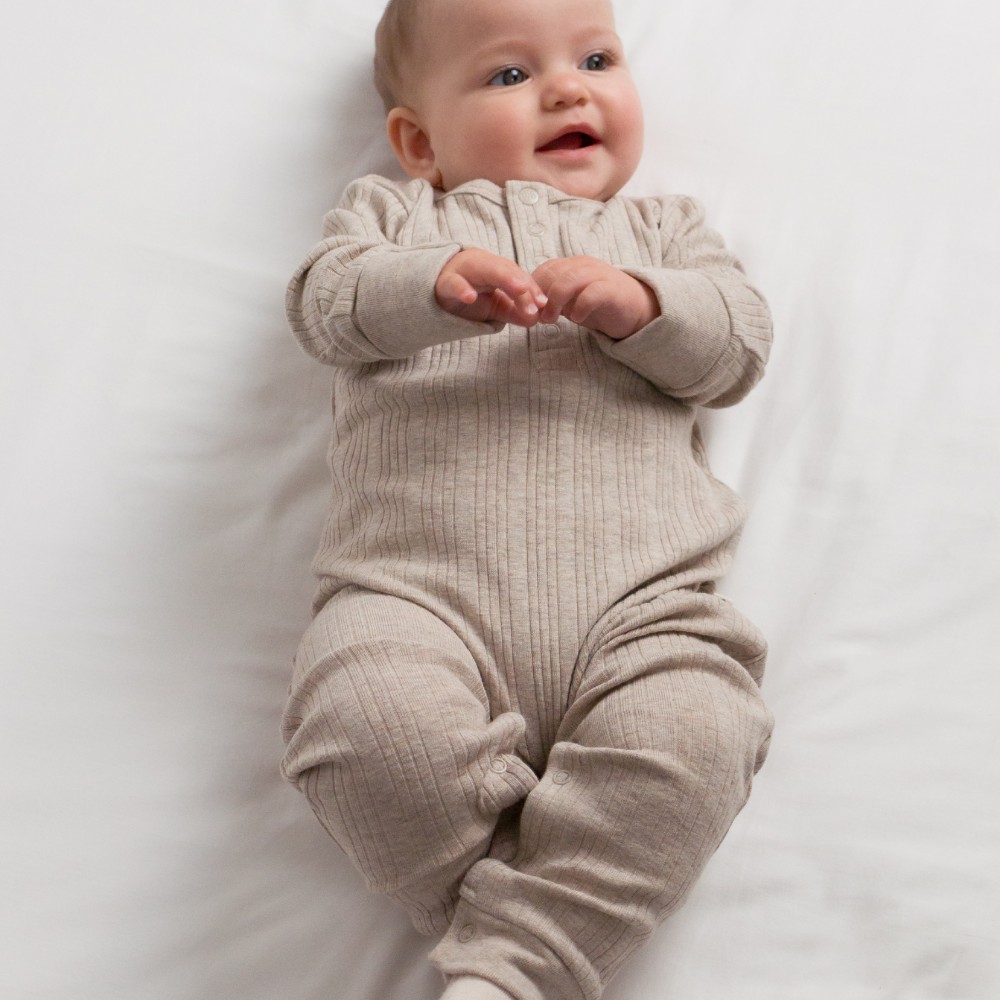 Woolbabe Organic Cotton/Merino Long Sleeve Henley Suit - Dune Marl