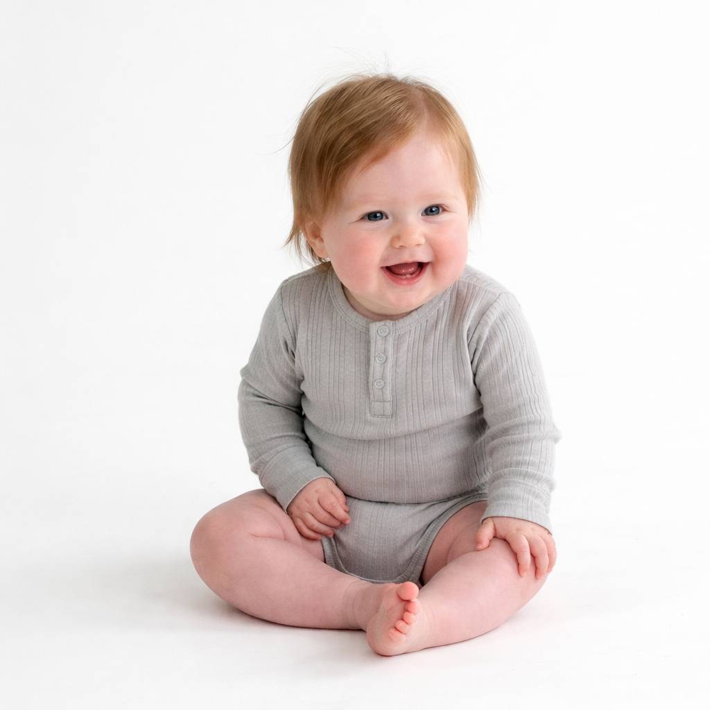 Woolbabe Organic Cotton/Merino Long Sleeve Henley Bodysuit - Pebble Marl