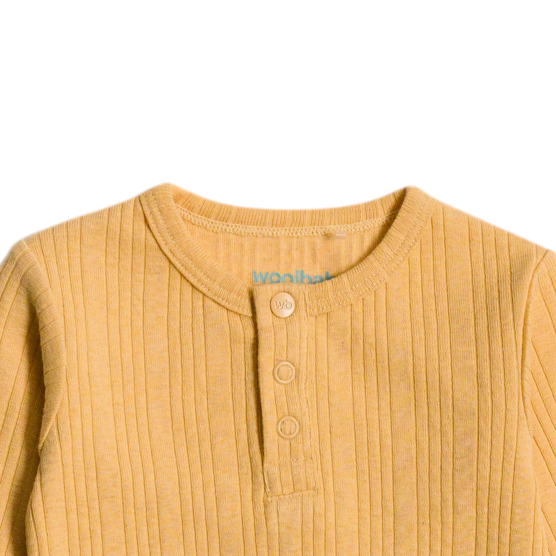Woolbabe Organic Cotton/Merino Long Sleeve Henley Bodysuit - Buttercup Marl