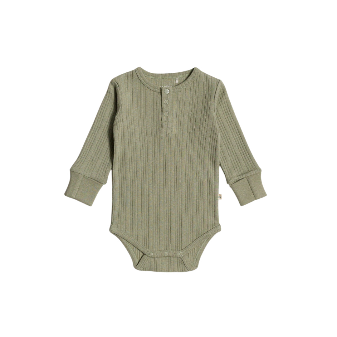 Woolbabe Organic Cotton/Merino Long Sleeve Henley Bodysuit - Flax Marl