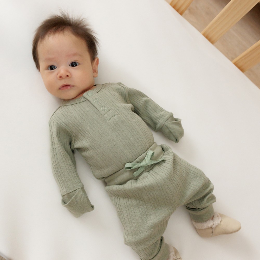 Woolbabe Organic Cotton/Merino Long Sleeve Henley Bodysuit - Flax Marl