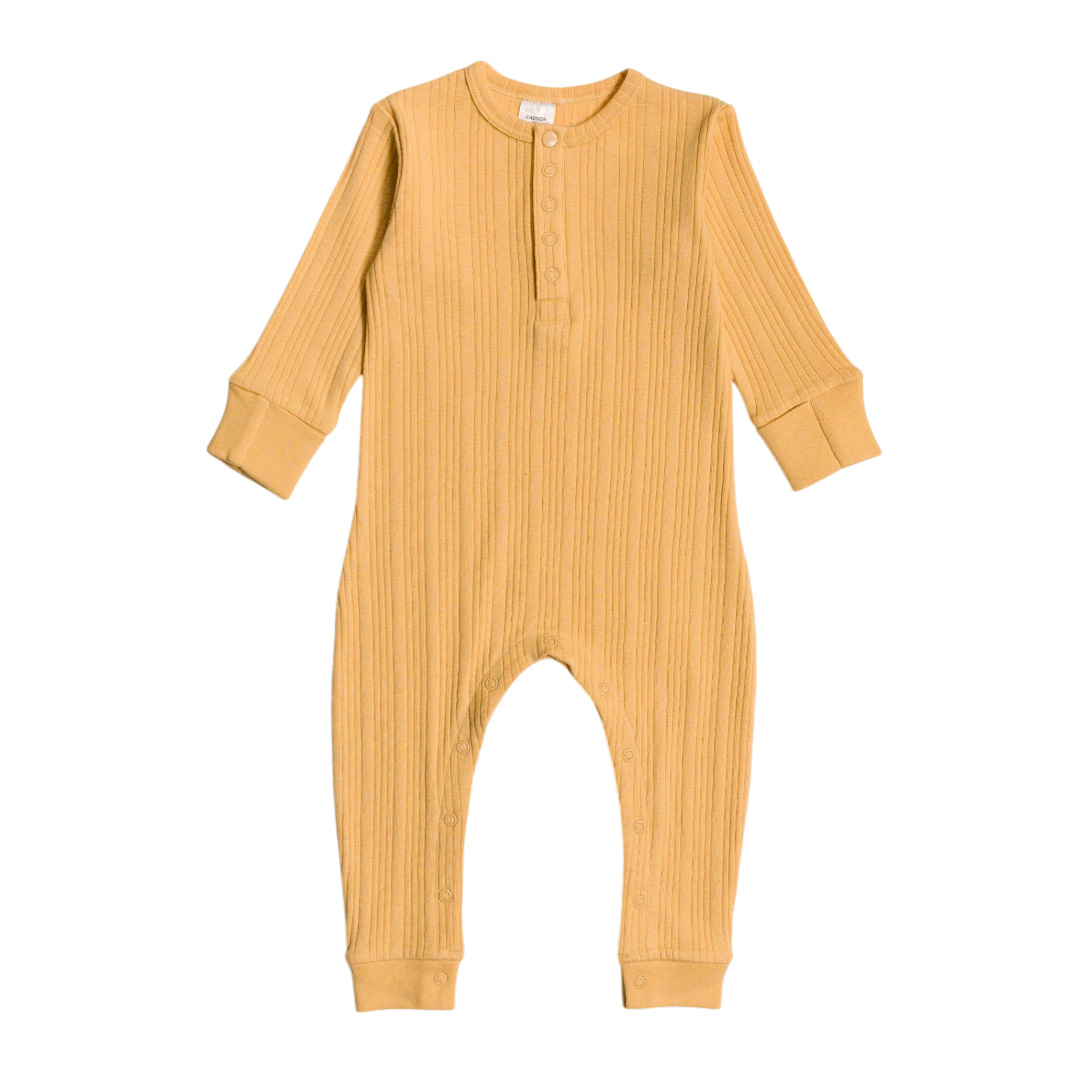 Woolbabe Organic Cotton/Merino Long Sleeve Henley Suit - Buttercup Marl