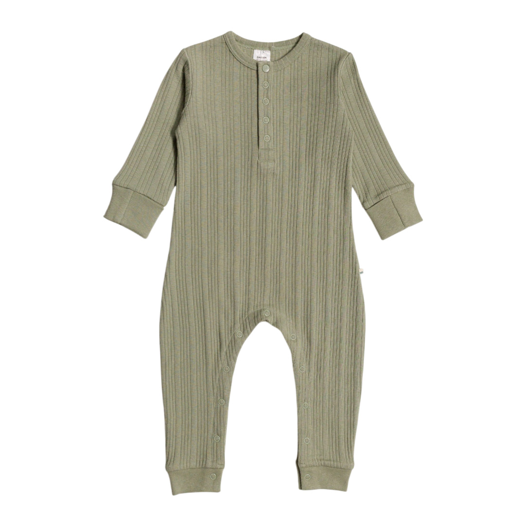 Woolbabe Organic Cotton/Merino Long Sleeve Henley Suit - Flax Marl