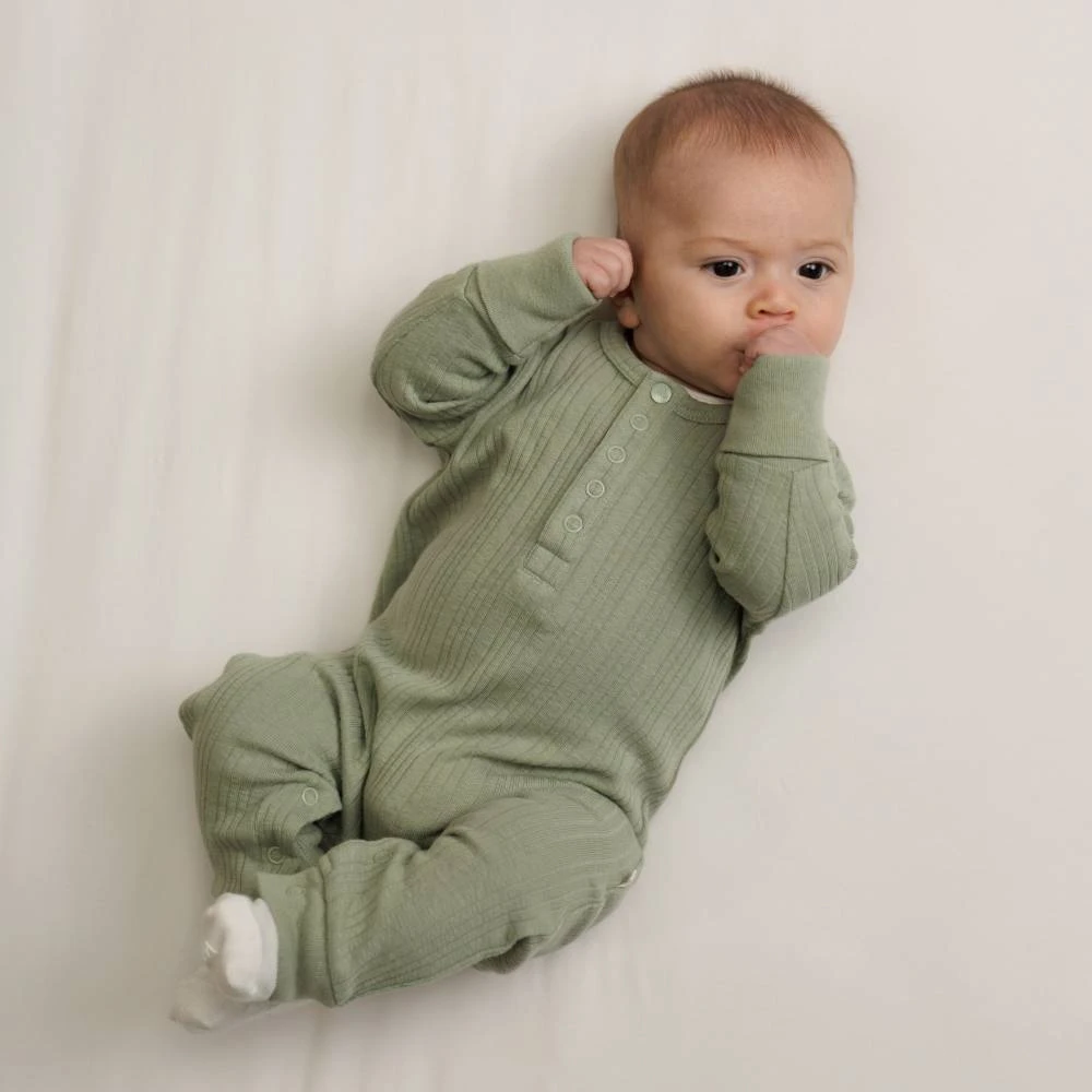 Woolbabe Organic Cotton/Merino Long Sleeve Henley Suit - Flax Marl