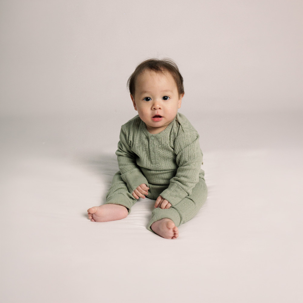 Woolbabe Organic Cotton/Merino Long Sleeve Henley Top - Flax Marl