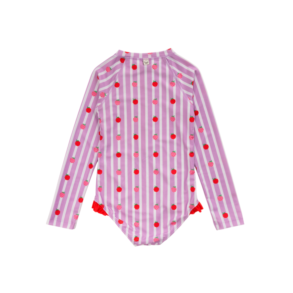 Nestling Neon Sleeved Girls Swimsuit - Striped Raspberries