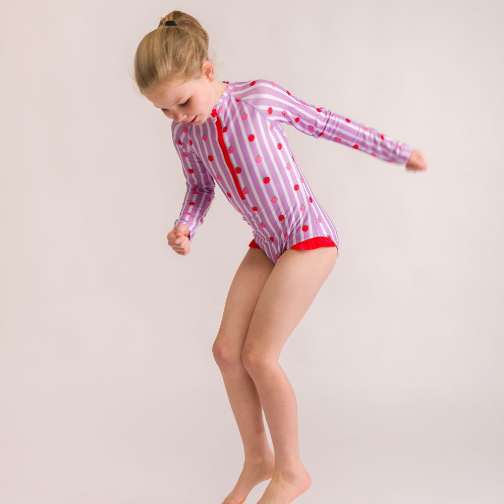 Nestling Neon Sleeved Girls Swimsuit - Striped Raspberries