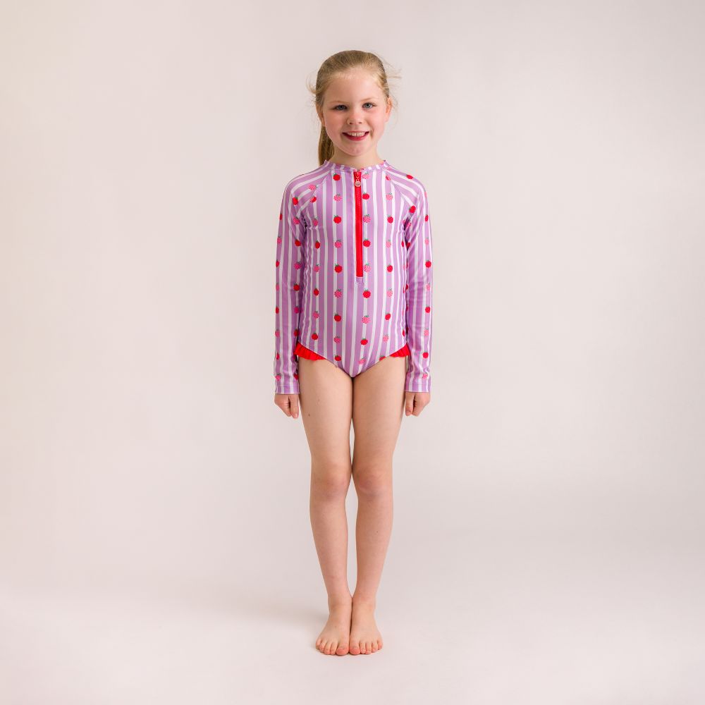 Nestling Neon Sleeved Girls Swimsuit - Striped Raspberries