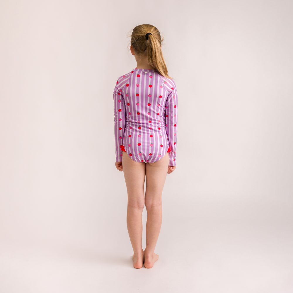 Nestling Neon Sleeved Girls Swimsuit - Striped Raspberries