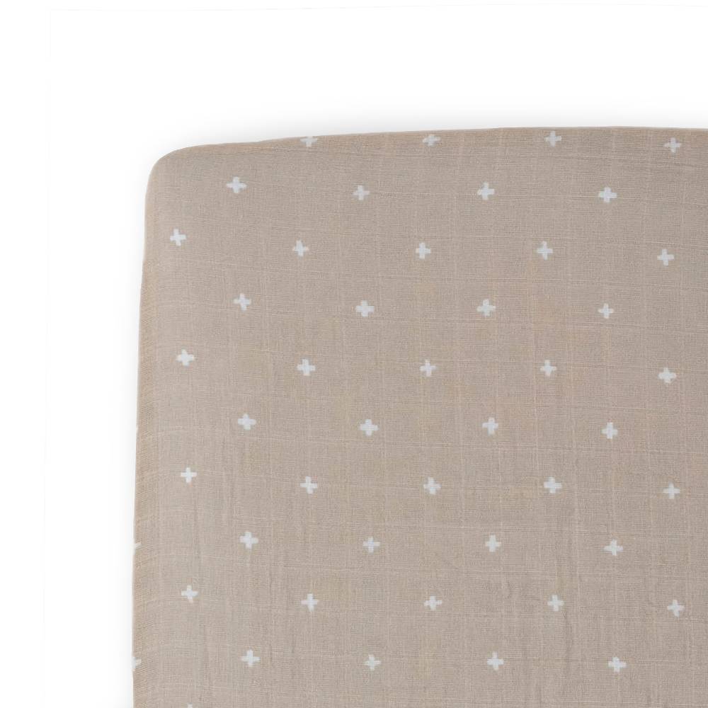 Muslin Fitted Cot Sheet - Taupe Cross