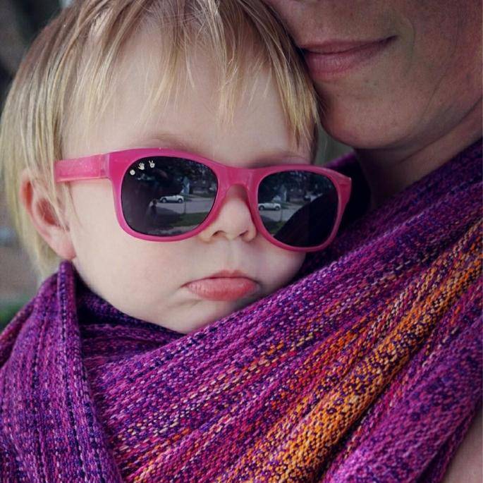 Polarized baby shades, Kelly glitter pink, baby girl in a woven wrap