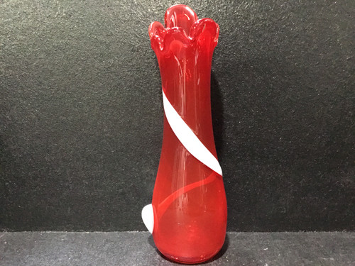 Red Frill Top Vase With White  Swish Design - 23cm Tall