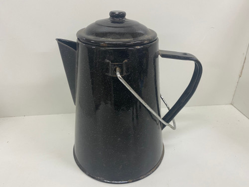 Vintage Black Enamel Teapot with Lid and Handle - 22cm Tall