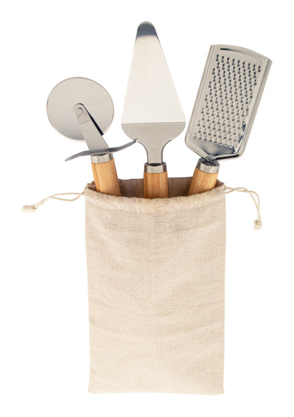 Pizza Servierset aus Edelstahl mit Bambusgriffen