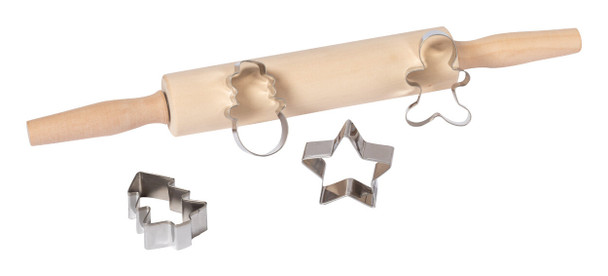 Weihnachts-Backformen-Set mit Holz-Nudelholz & Edelstahlformen