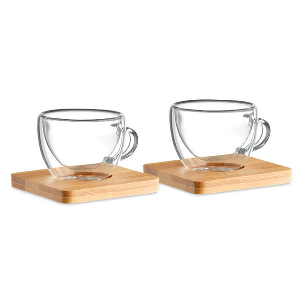 Set mit 2 doppelwandigen Espressogläsern & Bambus