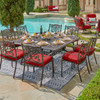Milan Aged Bronze Cast Aluminum and Flagship Ruby Cushion 9 Pc. Dining Set with 64 in. Sq. Table
