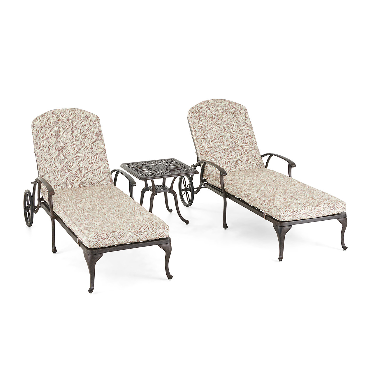 Cadiz Aged Bronze Cast Aluminum and Leona Nutmeg Cushion 3 Pc. Chaise Set with 21 in. Sq. Side Table