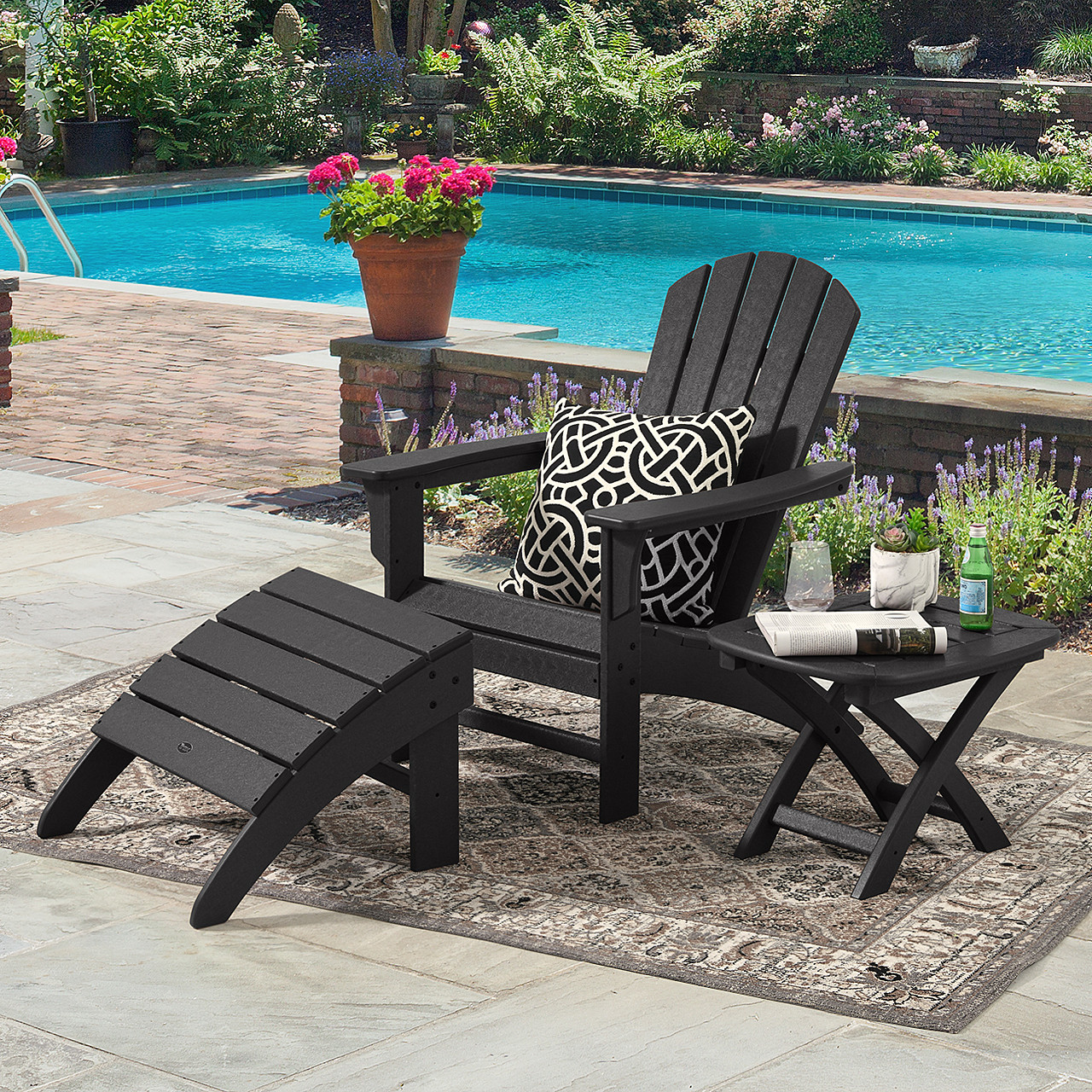 Surfside Black Polymer 3 Pc. Adirondack Set with 21 x 18 in. Side Table