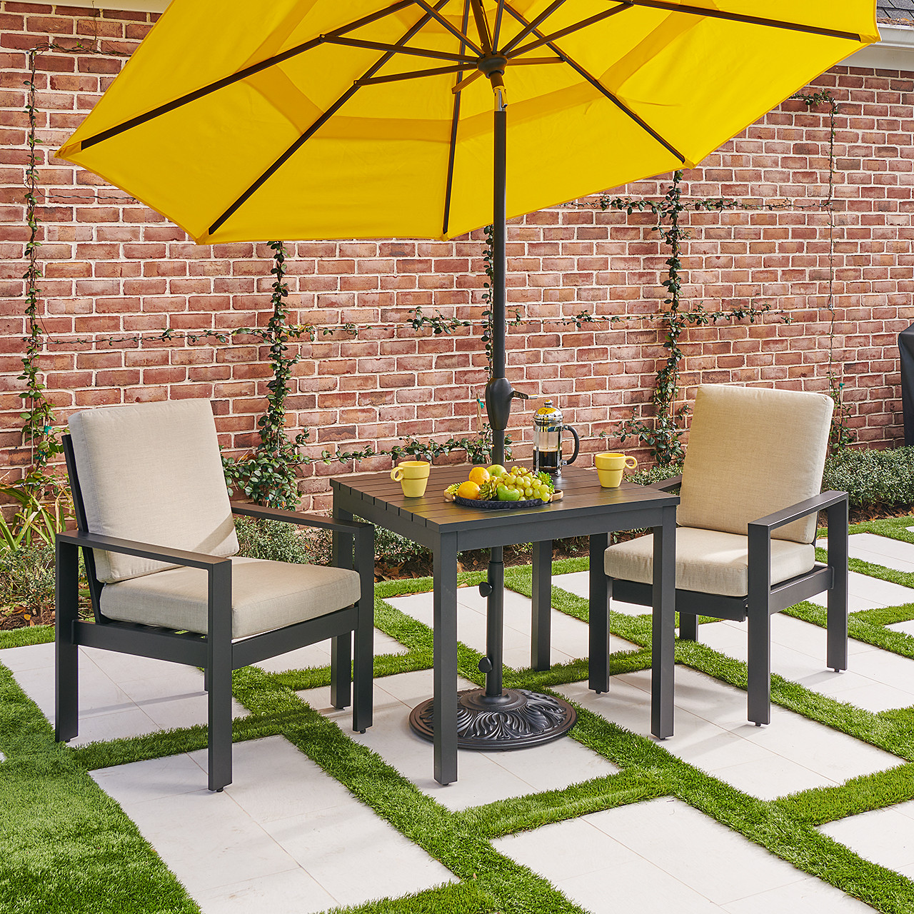 Soho Midnight Aluminum and Oyster Cushion 3 Pc. Bistro Set with 32 in. Sq. Slat Top Table