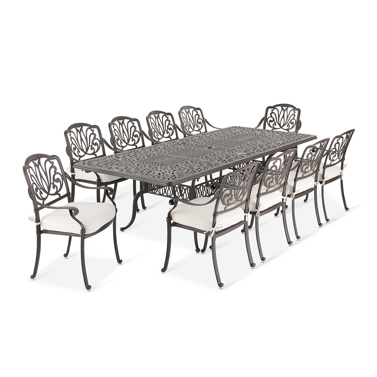 Cadiz Aged Bronze Cast Aluminum and Cast Pumice Cushion 11 Pc. Dining Set with 71-103 x 44 in. Double Extension Table