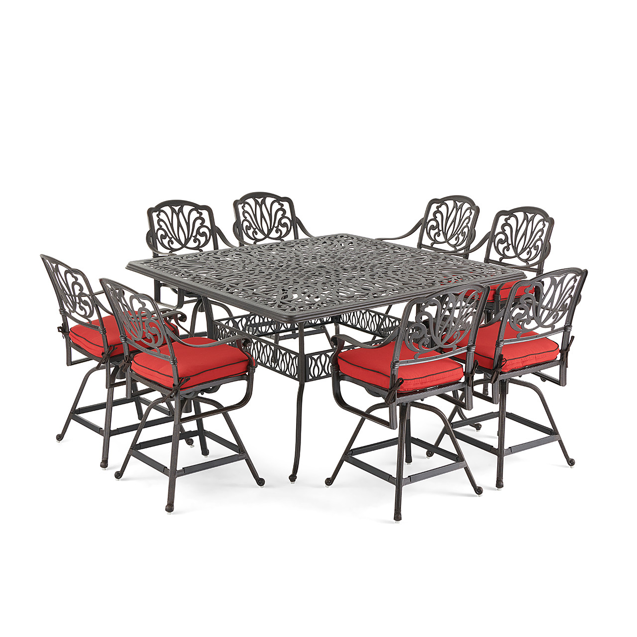 Cadiz Aged Bronze Cast Aluminum and Clayton Zen Cushion 9 pc. Gathering Height Dining Set with 64 in. Sq. Table