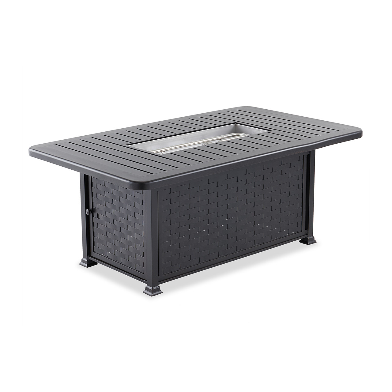 Eclipse Autumn Rust Aluminum and Pashmina Cloud Cushion 3 Pc. Swivel Sofa Group with 58 x 36 in. Slat Top Gas Fire Pit