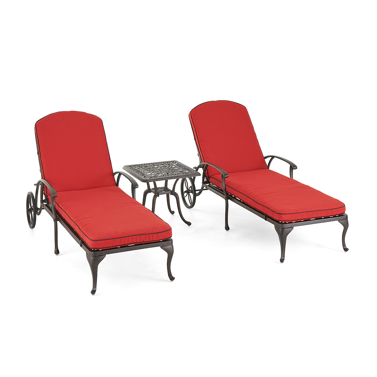 Cadiz Aged Bronze Cast Aluminum and Flagship Ruby Cushion 3 Pc. Chaise Set with 21 in. Sq. Side Table